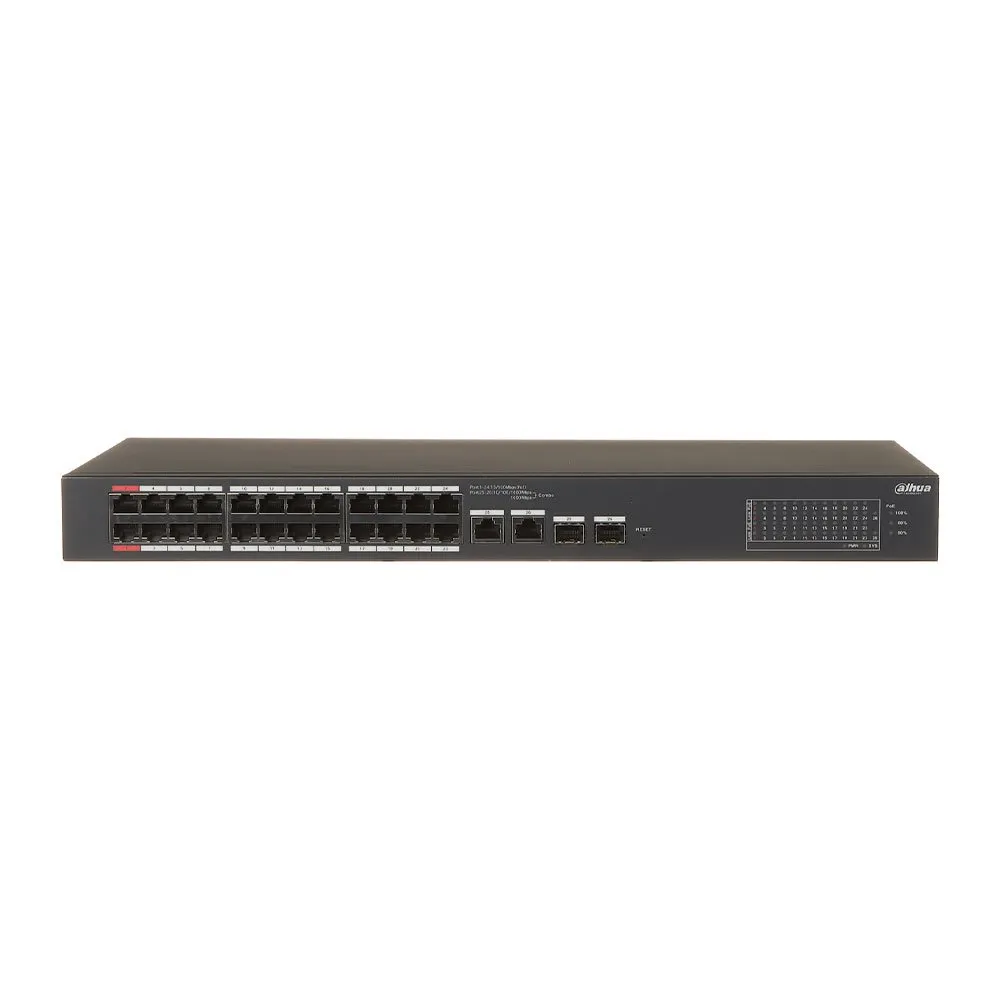 Switch rackabil cu 26 porturi Dahua CS4226-24ET-375 ,24 porturi PoE 10/100 Mbps, 2 porturi SFP Gigabit, cu cloud management