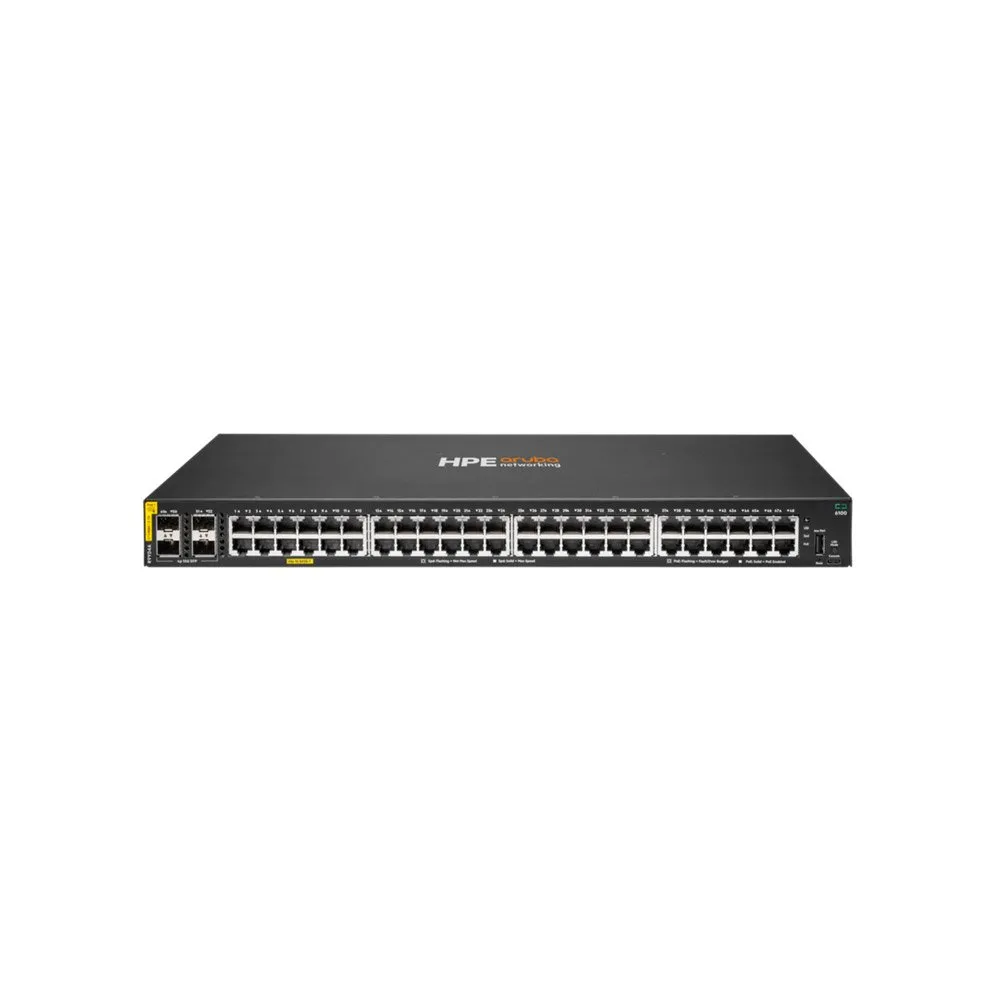 Switch rackabil Gigabit PoE cu 48 porturi HPE Aruba Networking CX 6100 R9Y04A, 4 porturi Uplink, buget 740 W, 176 Gbps, 98.6 Mpps, L2, 1U, cu management
