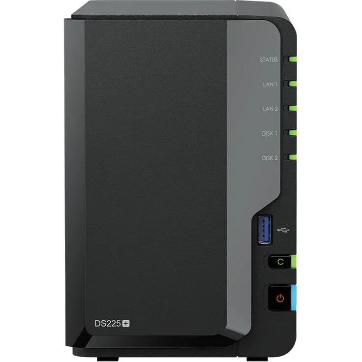 Synology Network Attached Storage Synology DS225+, 2-Bay, Intel Celeron Quad-Core J4125, 2GB DDR4, 1x 1GbE, 1x 2.5GbE, 2x USB 3.2 Gen 1