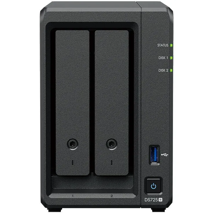 Synology Network Attached Storage Synology DS725+, 2 Bay, AMD Ryzen Dual-Core R1600, 4GB DDR4, M.2 NVMe, 1x 1GbE, 1x 2.5GbE, 1x USB 3.2 Gen 1, 1x USB-C