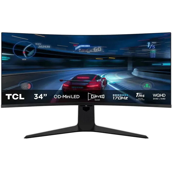 TCL Monitor LED TCL Gaming 34R83Q Curbat 34 inch UWQHD QD-Mini LED 1 ms 170 Hz USB-C HDR FreeSync Premium & G-Sync Compatible, Negru