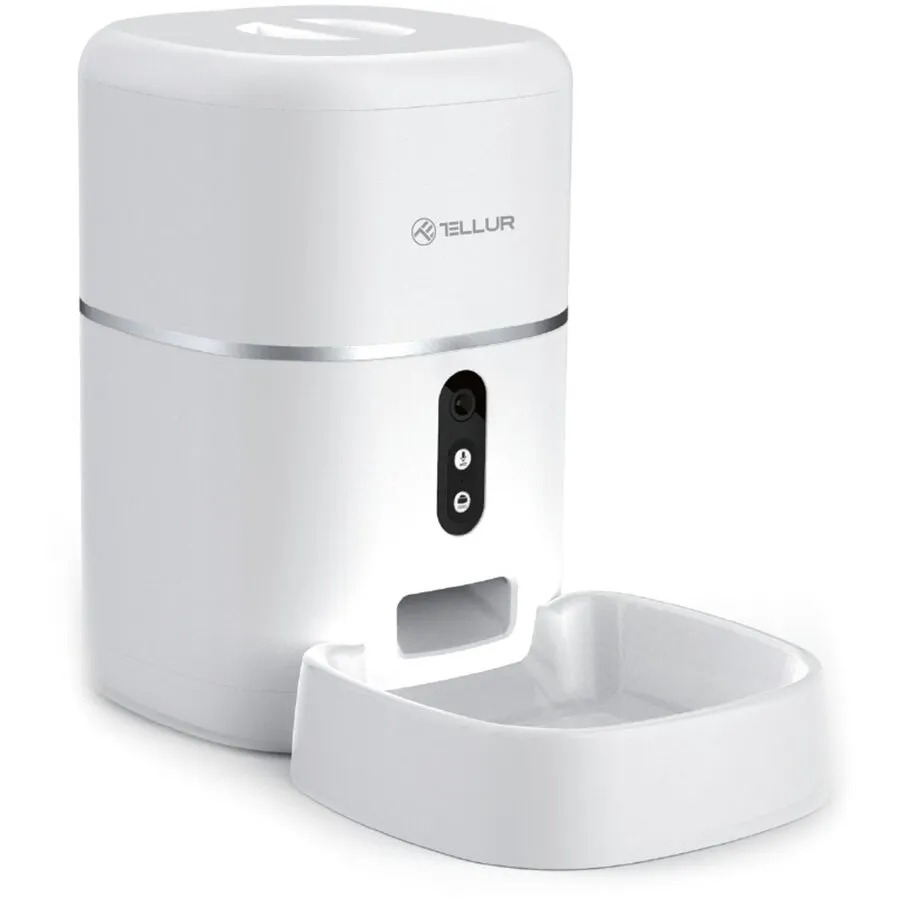 Tellur Dispenser Hrana Animale Tellur Smart, Wi-Fi, Camera Ultra HD, 4Litri, Control de la Distanta din aplicatie, Programabil in functie de Ore, Mese si Portii, Ideal pentru Caini si Pisici, Alb