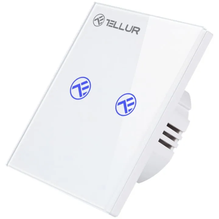 Tellur Intrerupator Inteligent, Tellur Smart TLL331491, SS2N, cu touch, Wi Fi, 2 porturi, 1800W, 10A, alb