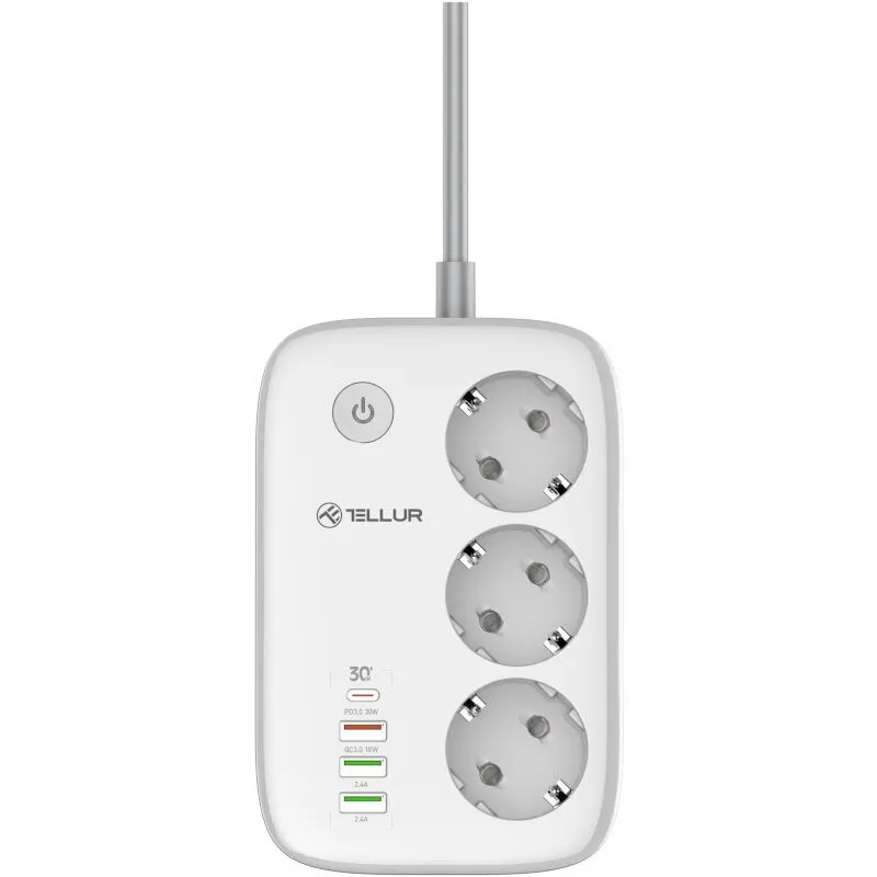 Tellur Prelungitor inteligent Tellur Smart TLL331521, Wi-Fi, 3 porturi, PD30W, QC18W, 2xUSB 2.4A, 2500W, 10A, protectie pentru copii si supratensiune, 2m, Alb/Gri