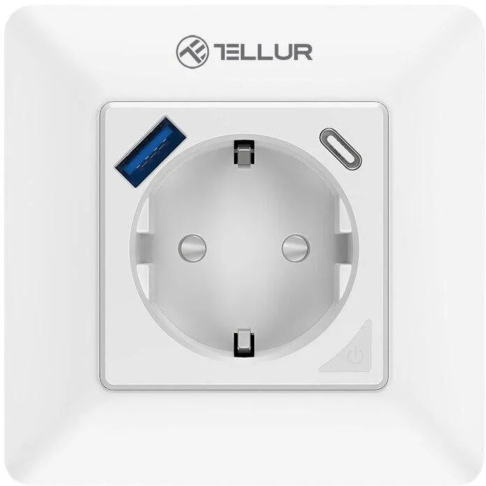 Tellur Priza de perete inteligenta Tellur Smart TLL331531, 3600W, 16A, 1xPD20W, 1xUSB QC3.0 18W, monitorizare consum, protectie pentru copii si supratensiune, Alb