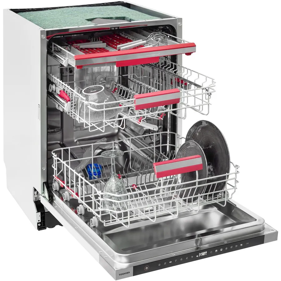 Toshiba Masina de spalat vase complet incorporabila Toshiba, 60 cm, 15 seturi, clasa C, Display Touch control, AquaStop, Filtru AntiBacterian, 7 programe, 3 functii, Gri