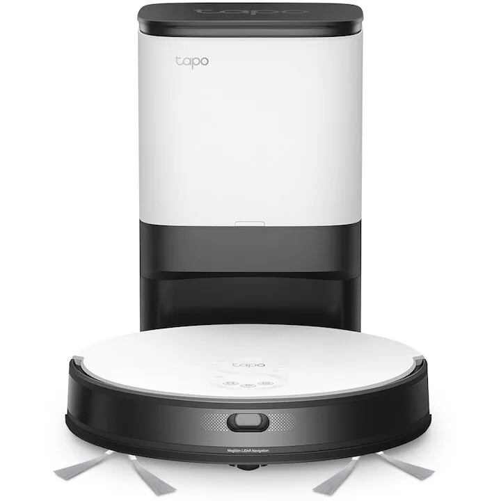 TP-LINK Robot de aspirare TP-Link Tapo RV20 Mop Plus, aspirator&mop&statie, sistem MagSlim LiDAR, 2700 Pa, Ultra-Slim 7.8 cm, autonomie de pana la 3 ore, 2600 mAh, recipient apa 300 ml, golire automata - capacitate 4L, aspirare silentioasa, alb/negru