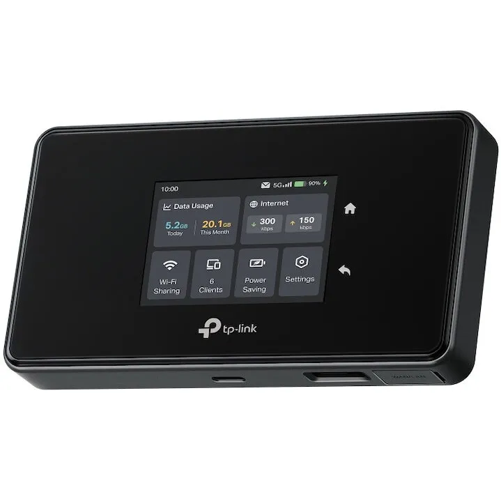 TP-LINK Router Wireless Portabil TP-Link M8550 5G LTE, Tri-Band AXE3600, ecran tactil, pana la 32 dispozitive, VPN, Gigabit RJ45, slot nano SIM, 2 x port TS-9, baterie 4680mAh