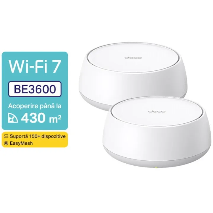 TP-LINK Router Wireless TP-Link Deco BE25, BE3600, Wi-Fi 7, Dual Band, 2.5 GHz - 688 MB/s, 5 GHz - 2882 MB/s, 2 bucati