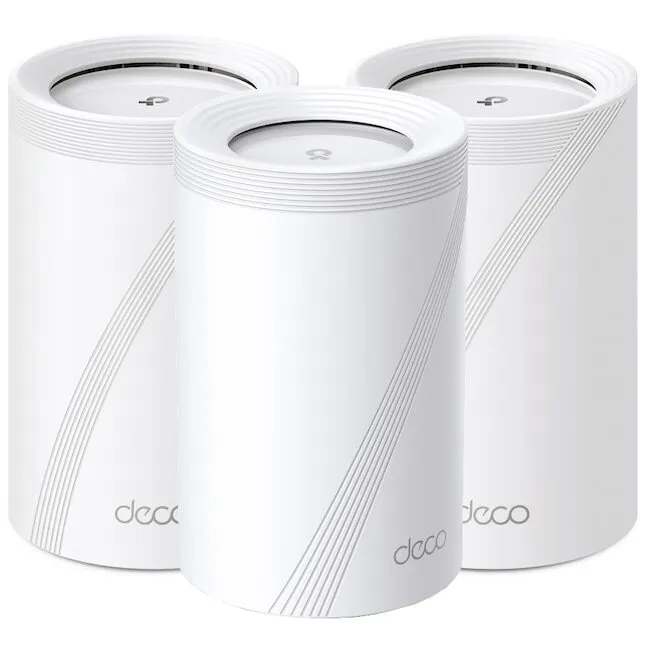 TP-LINK Sistem Mesh Wi-Fi TP-Link Deco BE65(3-pack), BE9300, Tri-Band, Wi-Fi 7, MLO, HomeShield, 4 porturi 2.5G, cu acoperire pentru intreaga casa