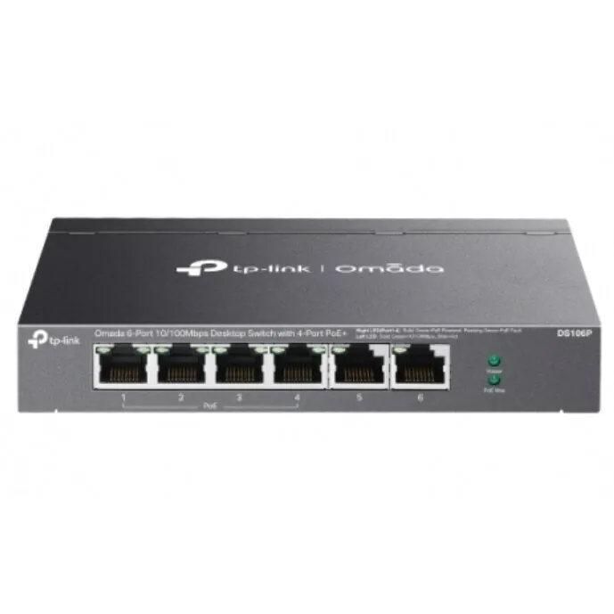 TP-LINK Switch PoE 6 porturi Gigabit, TP-Link Omada DS106P, 4 porturi PoE+, pana la 67W, montaj desktop, fara management, Antracit