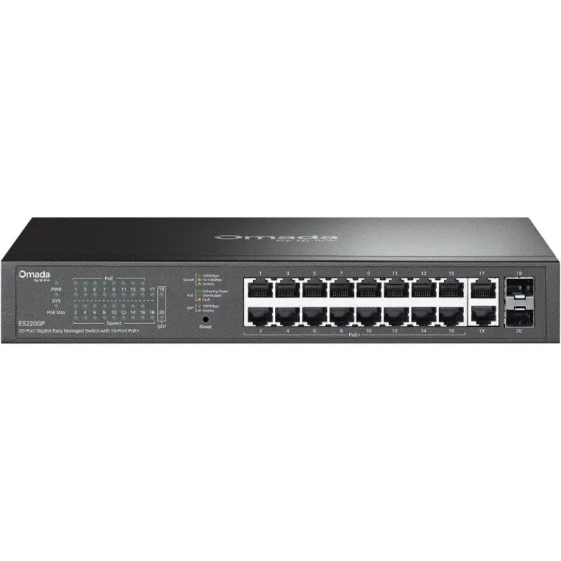 TP-LINK Switch TP-LINK Omada ES220GP, 20 porturi (18x RJ-45, 2x SFP), 16 porturi PoE+, 150W, capacitate 40 Gbps, Plug-and-Play