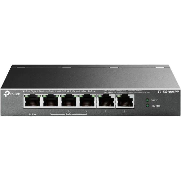 TP-LINK Switch TP-LINK TL-SG1006PP, 6x1000Mbps(3xPOE+ + 1xPOE++), carcasa metalica, desktop, negru
