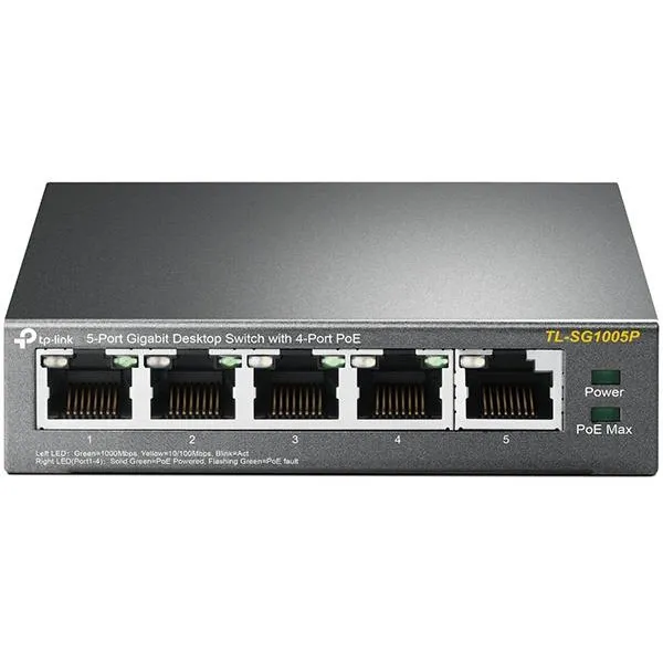 TP-LINK Tp-Link 5-Port Gigabit Desktop Switch With 4-Port Poe, Tl-Sg1005p, 5* 10/100/1000mbps Rj45 Ports, Auto Negotiation/Auto Mdi/Mdix, Standard: 802.3 Af Compliant, Backbound Bandwidth: 10gbps, Power Supply: 56w, Fanless
