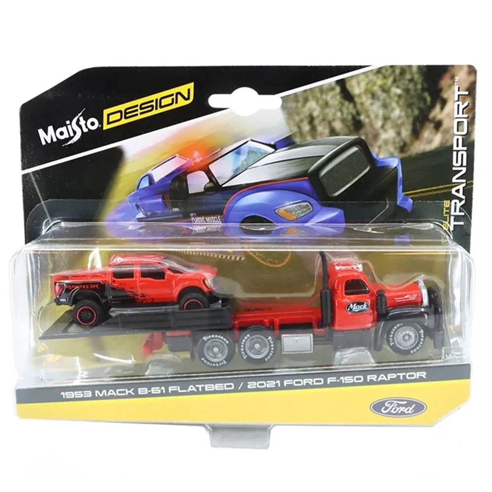 Transportor si masinuta Maisto Design, Elite Transport, 1953 B-61 Mack Flatbed si 2021 Ford Raptor, 1:64