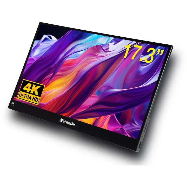 Verbatim Monitor  LED IPS Portabil, Verbatim PMT-17-4K, Touchscreen 17.3 inch, Ultra HD 4K, 6 ms, boxe integrate, HDR, FreeSync, USB-C, HDMI, USB, Negru