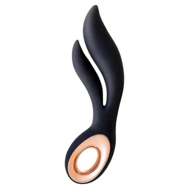 Vibrator dublu S PLEASURES Caress, design ergonomic, 7 funcții de vibrație, rezistent la apă, din silicon flexibil, culoare negru cu auriu