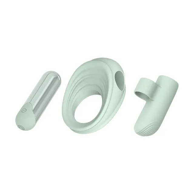 Vibrator multifuncțional DREAMTOYS Glam 3-In-1 Play Kit, purtare pe deget sau ca inel de penis, 7 funcții de vibrație, 3 viteze, verde