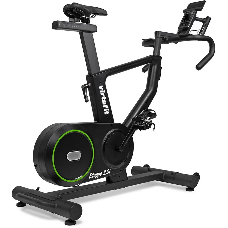 VirtuFit Bicicleta spinning VirtuFit Etappe 2.0i Spinbike, volanta de 22 kg, greutate maxima utilizator 140kg, display LCD, 24 niveluri de rezistenta, 13 programe de antrenament, sistem de franare magnetic, suport pentru tableta si pentru sticle, Negru