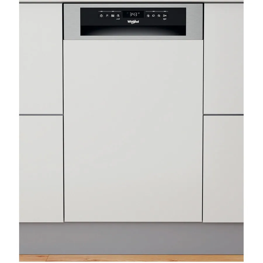 Whirlpool Masina de spalat vase semi-incorporabila Whirlpool WSBO3O34PFX, 10 seturi, 8 programe, Clasa D, 6th Sense, Power Clean, 45 cm, Argintiu