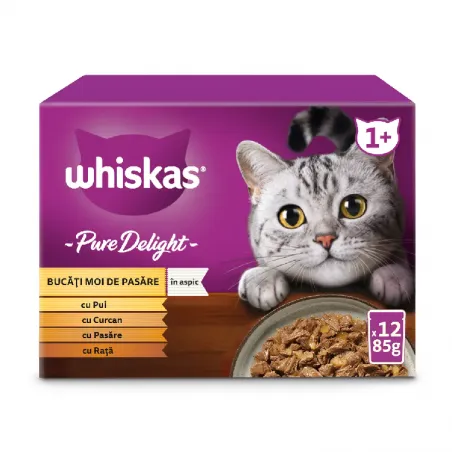 Whiskas Adult Pure Delight, hrana umeda pentru pisici, selectie mix in aspic, 12x85g