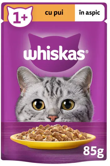 WHISKAS Plic hrană umedă pentru pisici Adulte, cu Pui în aspic