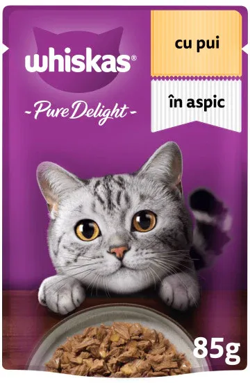 WHISKAS Pure Delight Plic hrană umedă pentru pisici Adulte, cu Pui în aspic 85g