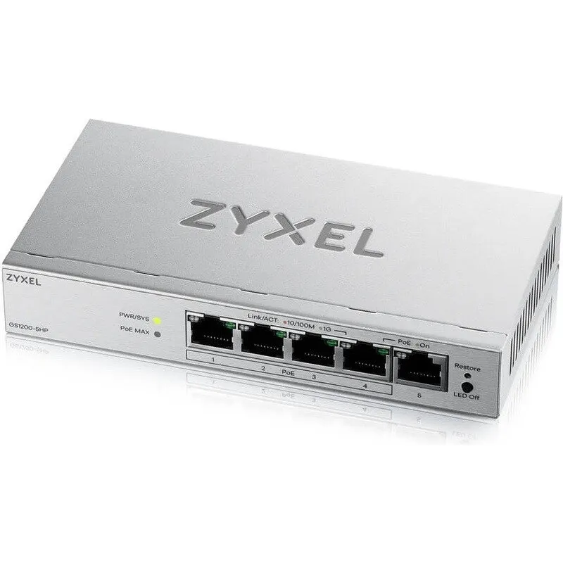 ZyXEL Switch ZYXEL Gigabit GS1200-5HPV3, 5 porturi RJ-45 (4 porturi PoE+), PoE Budget 68 W, Alimentare 100 - 240 V AC, 50/60 Hz,  Management