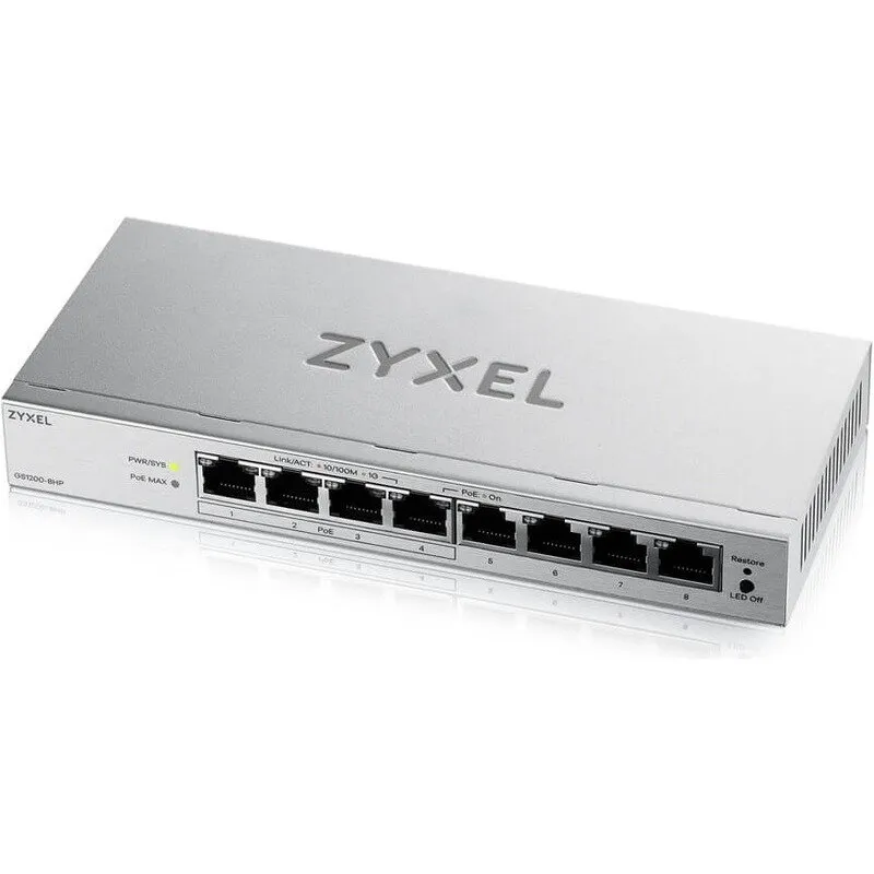 ZyXEL Switch ZYXEL Gigabit GS1200-8HPV3, 8 porturi RJ-45 (4 porturi PoE+), PoE Budget 68 W, Alimentare 100 - 240 V AC, 50/60 Hz, Management
