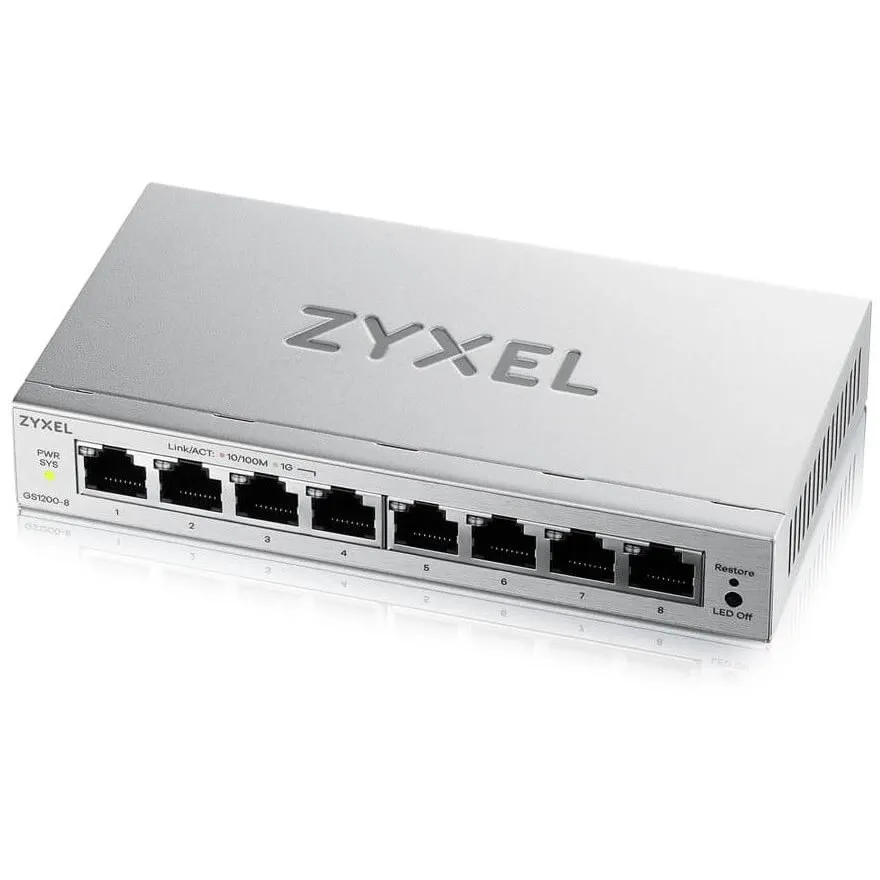 ZyXEL Switch ZYXEL GS1200-8V3, 8 porturi RJ-45, Gigabit Ethernet (10/100/1000), Management L2, Gri